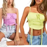 Womens Ruched Cami Vest Stretchy Summer Beach Cropped Tops Strappy Pink Vest Top
