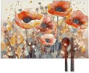 Canvas Placemats Set of 6 Watercolor Red Poppy Flowers Printed Heat-Resistant Placemats Wrinkle-Free Place Mats for Dining Table, Easy to Clean 17.7 X 11.8 Inches