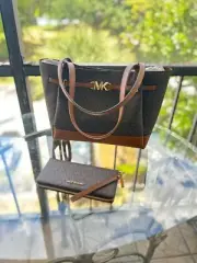 Michael Kors Reed Large Tote Shopper Shoulder Handbag Purse Bag Brown + Wallet
