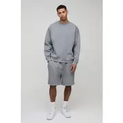 Mens Charcoal 330gsm Oversized Sweatshirt Drop Crotch Short Tracksuit