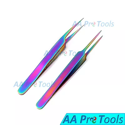 2 Pcs Multi Rainbow Color Eyelash Extension Tweezers Pro Straight + A Type Str