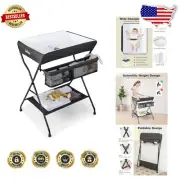Portable Folding Baby Changing Table with Safety Belt & Large Storage Basket