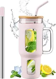 WINSA 46 oz Glass Tumbler with Lid and Straw, Iced Coffee Cup with Handle, Water Bottle with Silicone Sleeve - Pearl and Drinking Straw, BPA Free - Cotton Pink