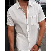 Men's Shirt Linen Shirt Casual Shirt Button Up Shirt Cotton Shirt Plain Vacation Street White Short Sleeve Turndown Summer Clothing Apparel Front Pocket