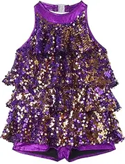 [Moggemol] Kids Girls Shiny Sequins Dance Dress Leotard Jazz Latin Salsa Rumba Dance Performance Costume