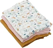 Domiva - Set of 3 Cotton Gauze Muslin Squares: 1 Printed + 2 Plain, Caramel Pink, 60 x 60 cm, 1 Printed + 2 Plain, Caramel Pink