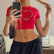 Short-Sleeve Rhinestone Heart Tee Red - M