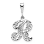 Real 14ktW White Gold Solid Polished Script Filigree Letter R Initial Pendant