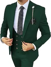 [JEShifangjiusu] Men's 3 Piece Suit Jacket One Button Single Breasted Tuxedo Blazer Formal Wedding Groomsmen Sport Coat Slim Fit Prom Suits Set with Vest Pants, Green Black, S