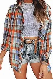 KevaMolly Plaid Long Sleeve Flannel Shirts for Women Loose Fit Boyfriend Button Down Shirt Casual Flannel Blouse Tops