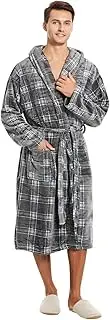 [Yoimira] Mens Robe with Hood Cozy Fluffy Robe for Men Luxury Hooded Plush Fleece Bathrobe for Winter