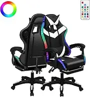 Gaming Chairs with Bluetooth Speakers and Led Lights, Massage Gamer Chair with Footrest High Back and Lumbar Support, Ergonomic Height Adjustable Video Game Chairs Recliner for Adults (Black White)