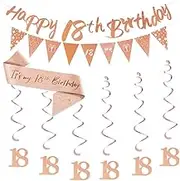18th Birthday Decorations For Women Girls,Including Happy 18th Birthday Banner bunting,Triangle Banner Flag,Sash,Hanging Swirls Streamers,18th Birthday Gift For Women