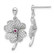 Sterling Silver Rhod-Plated Cz & Red Corundum Four Leaf Clover Earrings