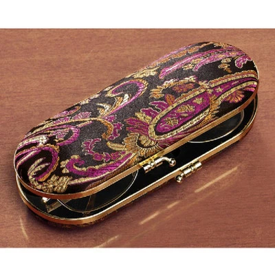 Black Paisley EYE GLASSES Hard CASE NEW eyeglasses 6" L W/ MIRROR LIPSTICK CASE
