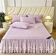 Double Lace Ruffled Bed Skirt with 18 Inch Deep, Luxury Thick Warm Velvet Full Size Bedskirt for Hotel Bedroom Bedding(Purple,180x220cm/Cal.King)