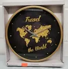 Plastic Kitchen Wall Clock, 12" WORLD MAP ON BLACK, TRAVEL THE WORLD, gold