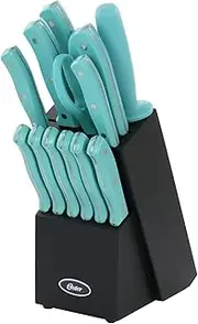 [Oster] Evansville 14 Pc Stainless Steel Kitchen Knife Cutlery Set W/Turquoise Handles & Black Rubberwood Block