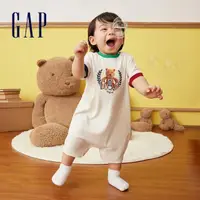 在飛比找momo購物網優惠-【GAP】嬰兒裝 Logo小熊印花圓領短袖包屁衣/連身衣-白
