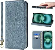 NanHou iPhone 16 Plus Case Leather Case RFID Blocking Folio Wallet Case Magnetic Closure Kickstand Wrist Strap Card Holder Shockproof Flip Cover - Linen Blue