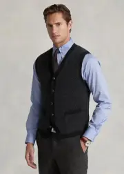 Men's SZ L Polo Ralph Lauren Crowsfoot Wool Sweater Vest Black Grey