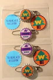 Set of 4 WE & ELLIE BADGE GRAPE SODA BOTTLECAP PINS! UP & 4 Sticker Gift Bags