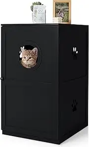 Costway 2-Tier Litter Box Enclosure, Cat House Bench W/Anti-Toppling System & Openable Door, Privacy Cat Washroom W/Multiple Vents & Entrance Hole, Side Storage Cabinet, Home, Pet Store (Black)