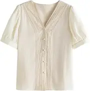 [Generic] Women's V-Neck Lace Short Sleeve Blouse Summer Beige Shirts with Buttons Office Lady Tops