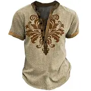 Men's Retro Ethnic T Shirt Henley Shirt Tee Short Sleeve Designer Basic Ethnic Outdoor Casual Daily Summer Khaki Henley Henley T-Shirt