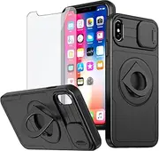 Asuwish Phone Case for iPhone Xs Max with Slide Camera Cover Tempered Glass Screen Protector Stand Ring Holder Rugged Slim Cell i X XR Xsmax 10x SX Xmax 10xs 10s 10 Plus Xmaxs Women Girls Men Black
