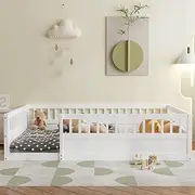 DNYN Full Size Floor Bed for Kids Bedroom,Solid Wood Bedframe w/Fence & Wood Slat Support & Easy Assemble & Space Saving Design & No Box Spring Needed, Natural