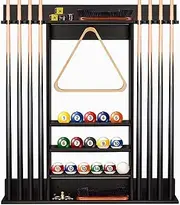 FoverOne Pool Cue Rack, Bamboo Wall Mount Pool Sticks Holder, Holds 8 Cues and Full Set of Balls, Pool Table Accessories Organizer for Billiard Room or Club - Dark Brown