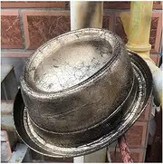 [LINCYS] Men Leather Fedora Hat Gold Pork Pie Hat Gear Glasses Flat Steampunk Hat Top Hat for Gentleman Bowler Gambler Cosplay Hat