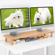 Bamboo Dual Monitor Shelf, Monitor Stand Riser with Underneath Storage for De...