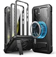 [Dexnor] Magnetic Case for Samsung Galaxy S24 Case with Adjustable Kickstand & 2 Front Frames & Built-in Screen Protector, MagSafe Compatible Rugged Shockproof Full-Body Protective Cover - Black