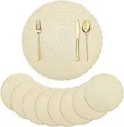 fanquare 15 Inch Beige Braided Placemats Value Set of 8 Round Cotton Placemat with Lace Edge, Perfect for Parties and Everyday Use Fabric Table Mats