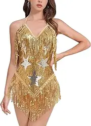 [AFAVOM] Women Festival Rave Outfit Party Halter Tassel Bodysuit Sequin Fringe Costume One Piece Leotards Latin Flowy Dress