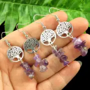 2Pair Natural Amethyst Chips Tibetan Silver Tree Of life Pendant Earrings SG714