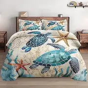 WeCozy Comforter Set King Size with 2 Pillowcases, Sea Turtle Coral 3 Pcs Bedding for Kids and Adults, Blue Ocean Shell Animal Soft Comforter Set for Bedroom Bed Decor