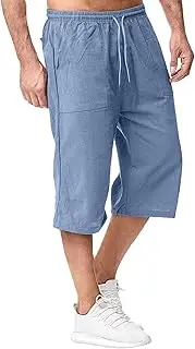 [JEShifangjiusu] Men's Causual 3/4 Long Cotton Shorts Drawstring Elastic Waist Cargo Straight Shorts Wide Leg Baggy Pants, Blue A1, L