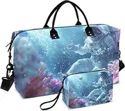 [ZRYSMY] Astronaut Underwater Coral Duffel Bag for Traveling, Travel Bag Gym Bag, with Multiple Interior Pockets Shoulder Weekender Bag for Women Men with Toiletry Bag 20.5L x 1.9W x 13.8H