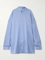 [Marie Adam-Leenaerdt] Marie Adam-Leenaerdt - Oversized Pussy-bow Pinstriped Satin Shirt - Blue - FR 34 FR 34 Blue