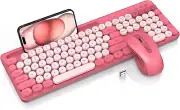 Wireless Keyboard and Mouse Combo, Retro round Keycaps, Cute Full-Size Typewrite