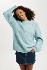 [Cotton On Women] Cotton On Women - Luxe Crew Pullover - Whisper blue cable 2XS WHISPER BLUE CABLE