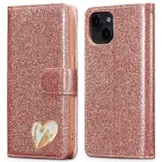 Compatible For iPhone 13 mini Glitter Leather Case with Diamond Love Heart Wallet Stand Flip Cover PinkGold