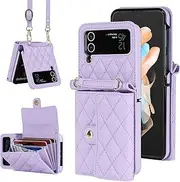 XIMAND for Samsung Galaxy Z Flip 3 Accordion Crossbody Wallet Case, 4 Card Slots, RFID Blocking, and Adjustable Strap - Stylish and Versatile Accessory for The Modern, Chic Woman (Purple)