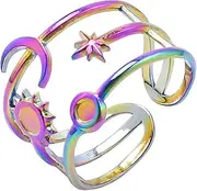 [Wozya] Vintage Multilayer Star Moon Sun Stainless Steel Rings for Women Girl Personalize Hollow Line Charm Adjustable Men Ring Jewelry J255-Rainbow Color Resizable