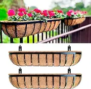 LaLaGreen Railing Planters Box (2 Pack, 36") Black Metal Rectangular Window Flower Box with Coco Liner, Extra Large Wall Hanging Planter for Outdoor Plants Deck Rail Fence Balcony Porch Patio Garden