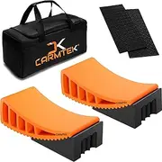 CARMTEK Camper Leveler Premium Kit | Fit Curved RV Levelers with Wheel Chocks, Rubber Mats & Carry Bag for Tight Dual Axle Trailers Faster Leveling System Than Blocks Accessories