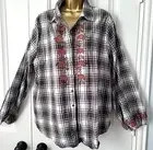 Knox Rose Flannel Shirt Womens sz XXL Gray White Floral Plaid Cozy Buttons